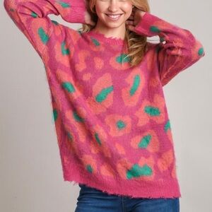 Umgee Pink and Green Leopard Print Sweater